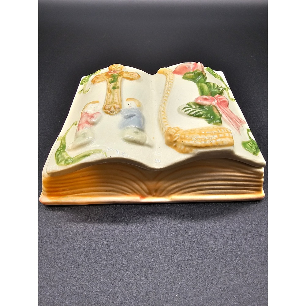 Vintage Ceramic Bible Trinket Box Praying Children Cross Rose Religious Keepsake - Picture 3 of 4
